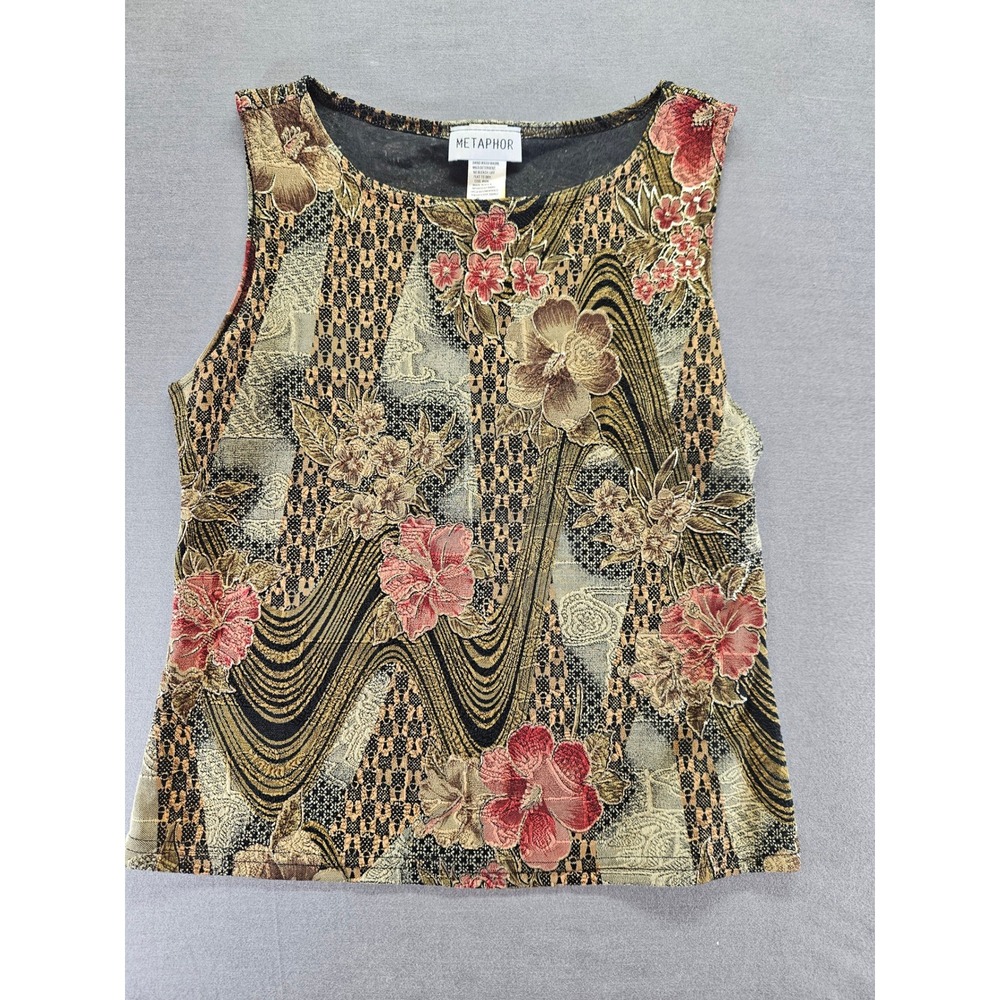 Metaphor Vintage Floral Jacquard 2 Piece Set Cardigan Tank Top Beaded Red Gold M